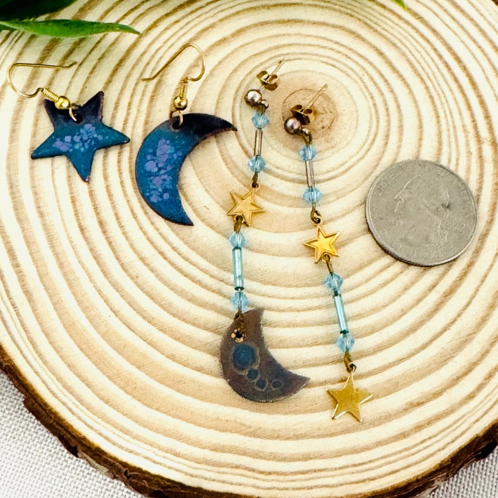 Bundle 2 pairs Blue and Gold Star and Moon Earrings handmade artisan - Picture 2 of 3